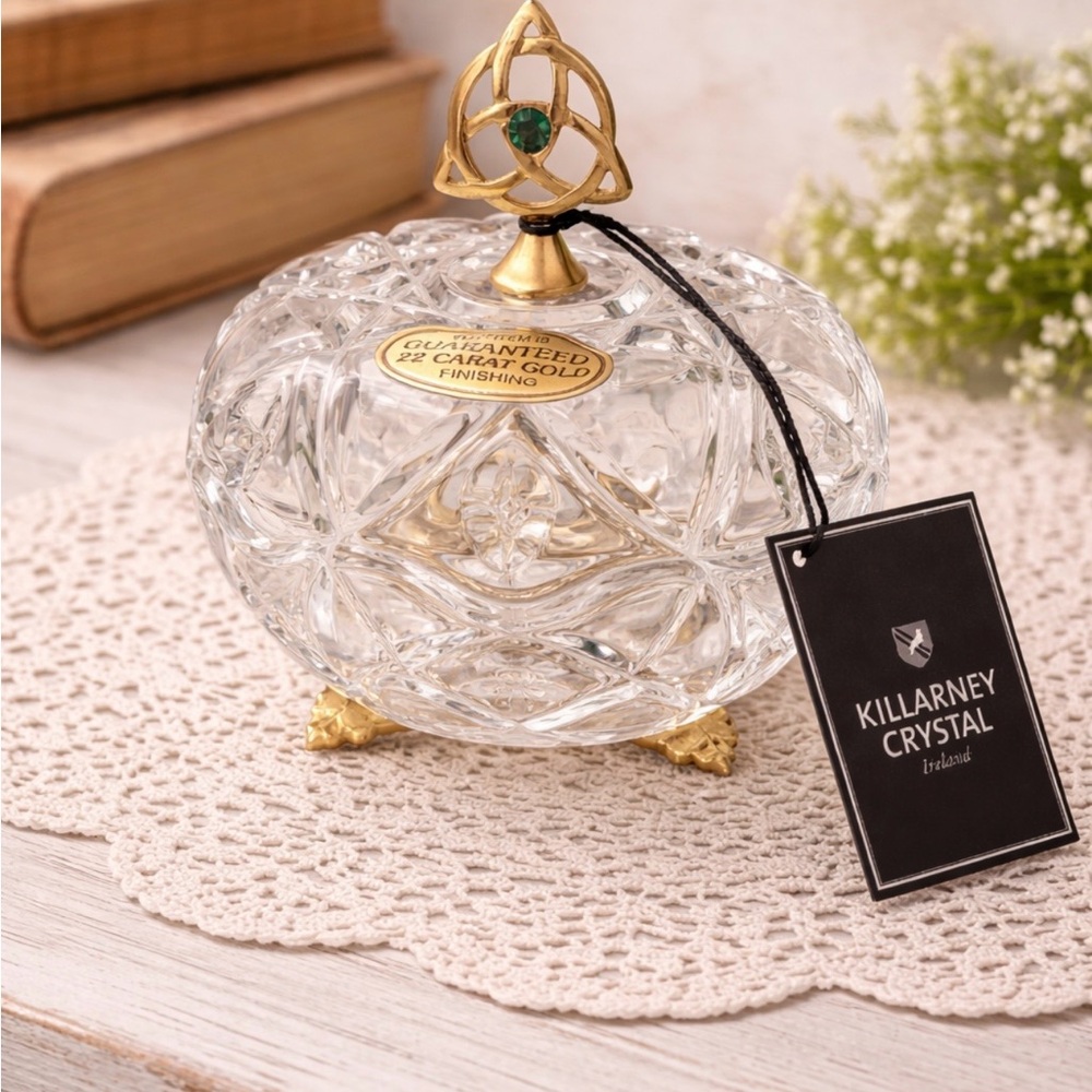 Killarney Crystal Glass Trinket Dish with Gold Accents